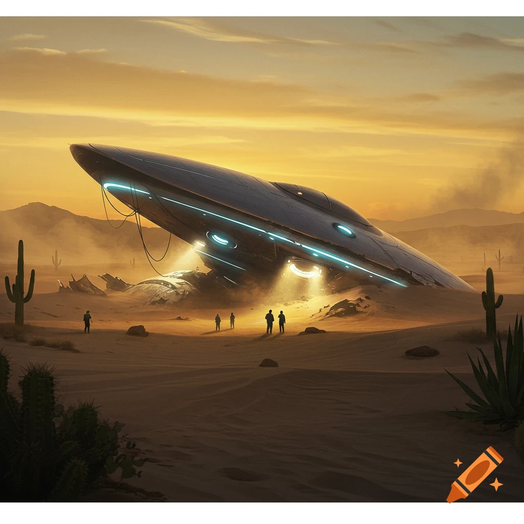 A crashed UFO with glowing lights rests in a vast desert landscape at sunset, with several small figures standing near it and cacti scattered around.