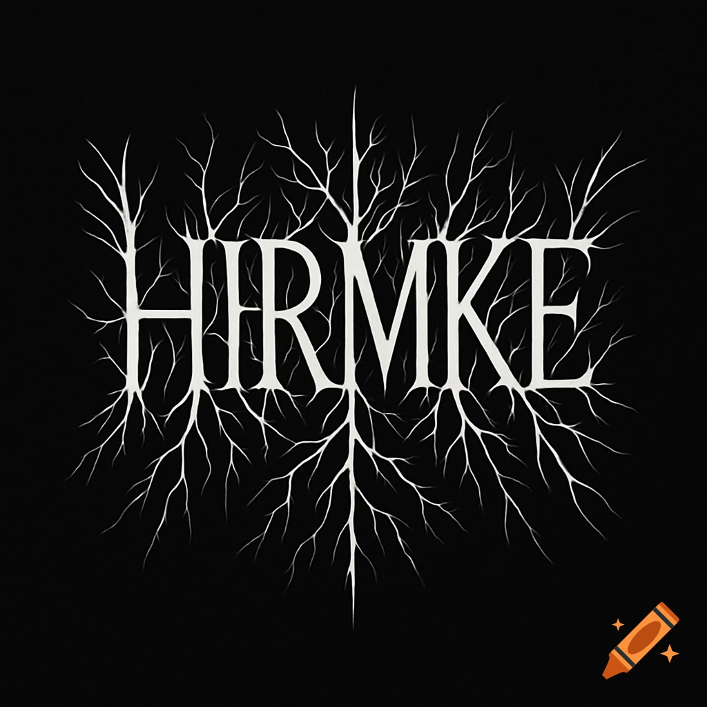 White stylized "HIRMKE" logo with thin letters and intricate tree roots on a solid black background, in a black metal style.