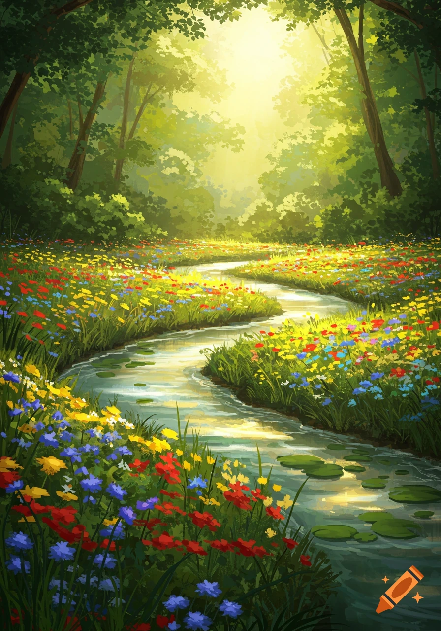 A vibrant painted scene of a winding stream flowing through a sunlit forest filled with red, blue, and yellow wildflowers.
