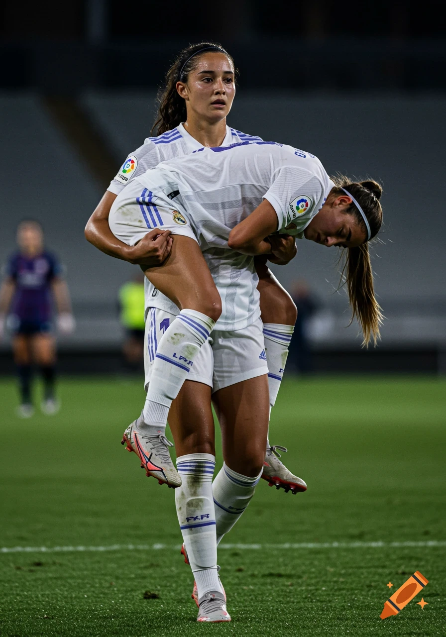 A female soccer player in a white Real Madrid uniform carries her teammate across a green field.