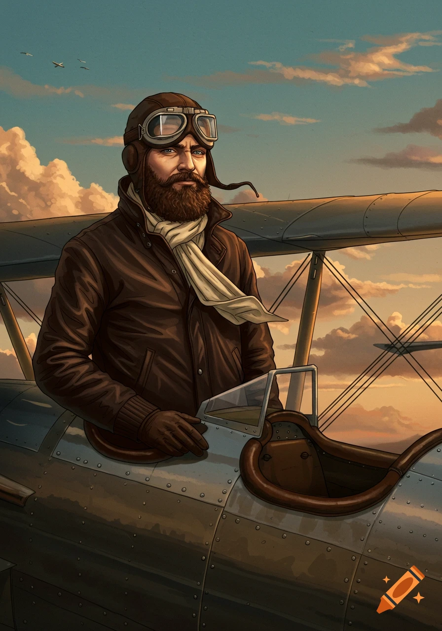 Illustration of a bearded pilot in goggles and a leather jacket, with a white scarf, sitting in a biplane cockpit against a cloudy sky.