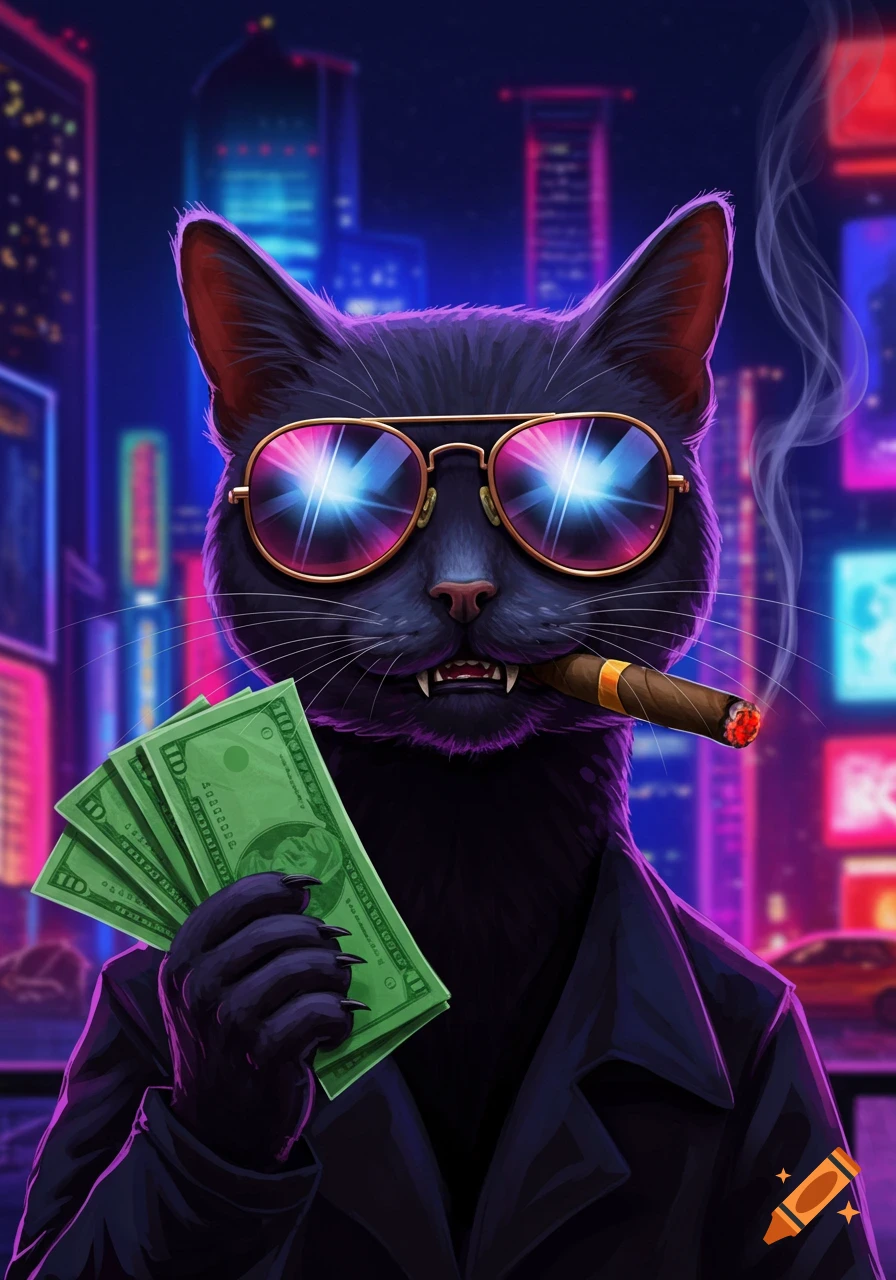 A black cat in a coat and sunglasses holds a fan of money and smokes a cigar in a vibrant neon city.