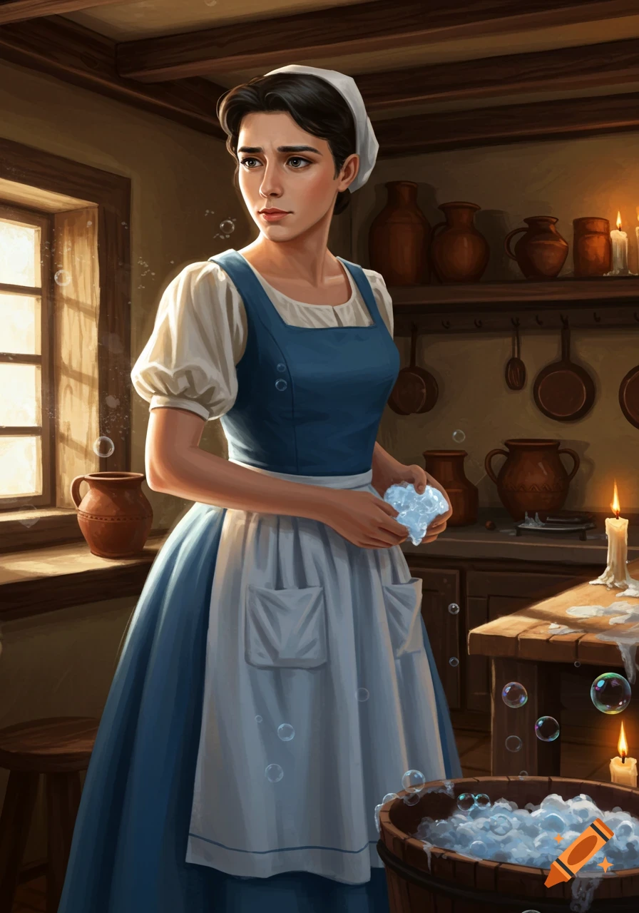 A female character with masculine facial features, dark hair, wearing a white bonnet, blue dress, and white apron, washes dishes in a rustic kitchen.