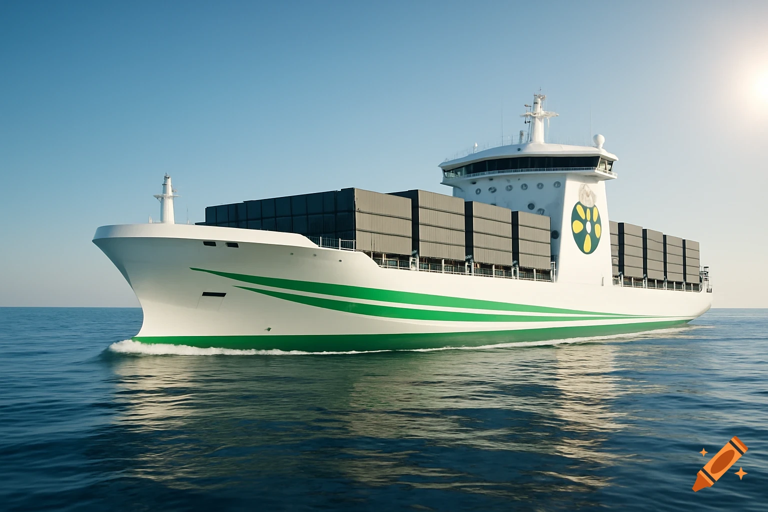 Photorealistic image of a sleek white electric mega-container ship with green racing stripes and a nuclear logo, gliding on a sunlit ocean.