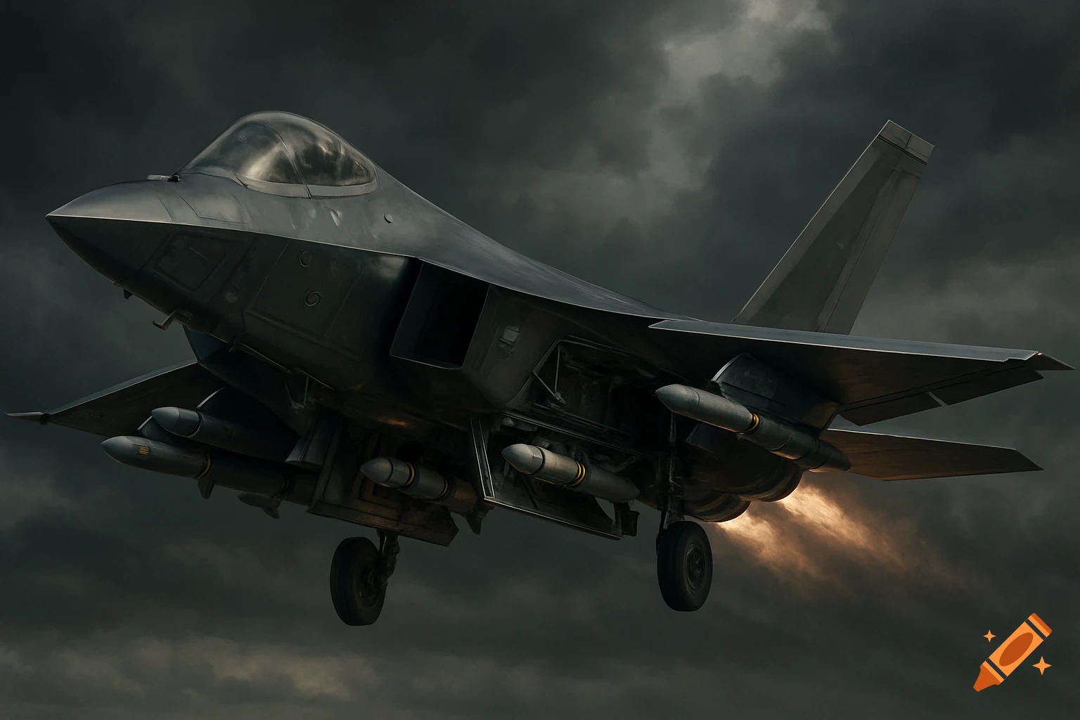 A dark grey stealth fighter jet with missiles under its wings takes off, exhaust glowing against a stormy, dark grey sky.