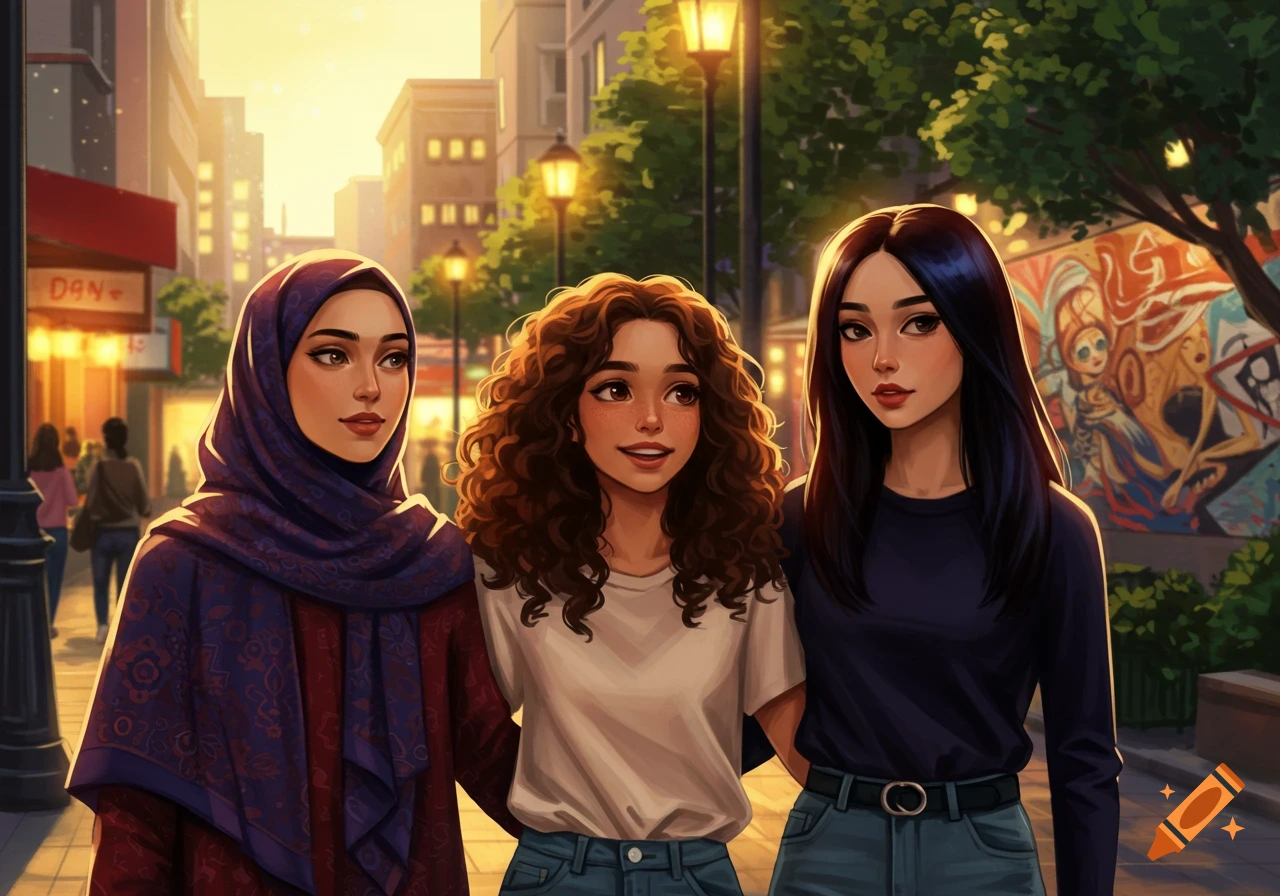 Anime-style illustration of three young women, one in a hijab, walking arm-in-arm on a sunny city street.