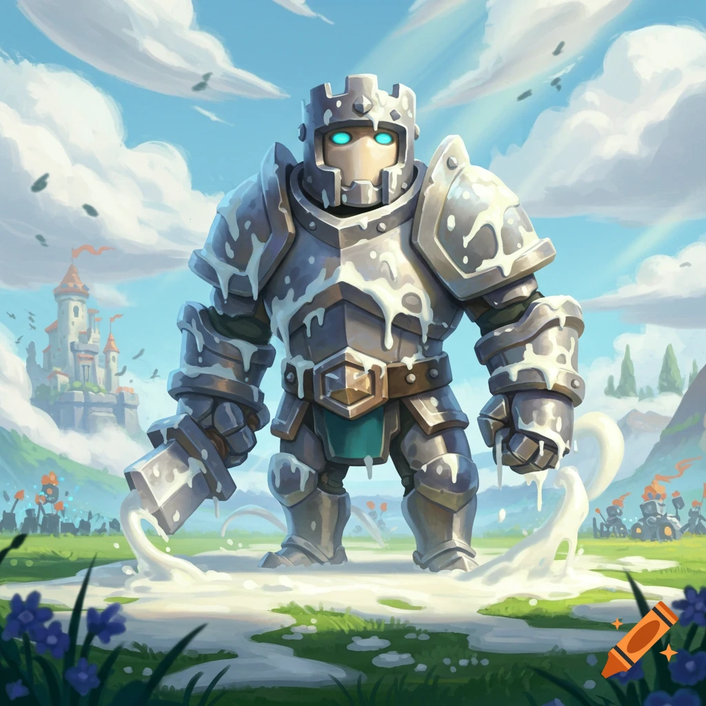 A cartoon armored knight, resembling a Pekka, covered in milk, standing in a green field with a castle in the background.
