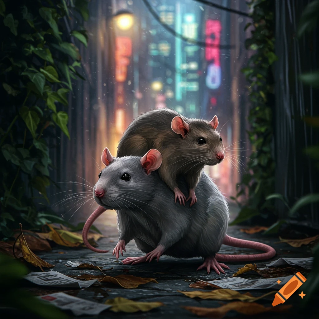 A small brown rat rides on a larger gray rat in a dim, urban alley with neon lights and fallen leaves.