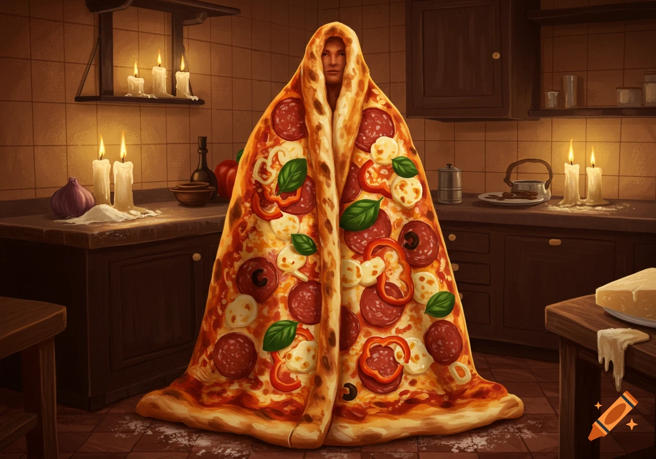 A person in a detailed, savory pizza robe stands in a dimly lit, rustic kitchen with candles and food.
