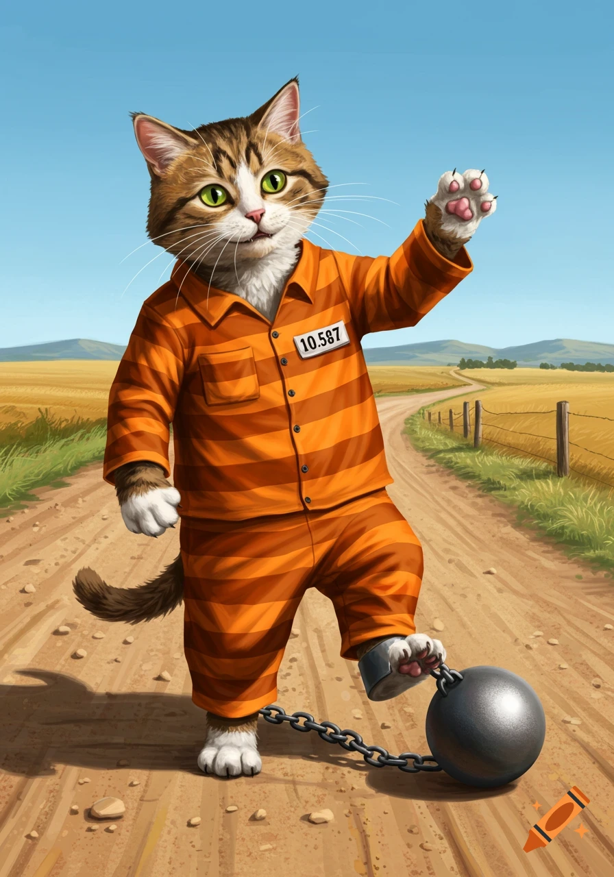 Anthropomorphic tabby cat in an orange prison jumpsuit with a ball and chain walks on a dirt road in a sunny, rural landscape.