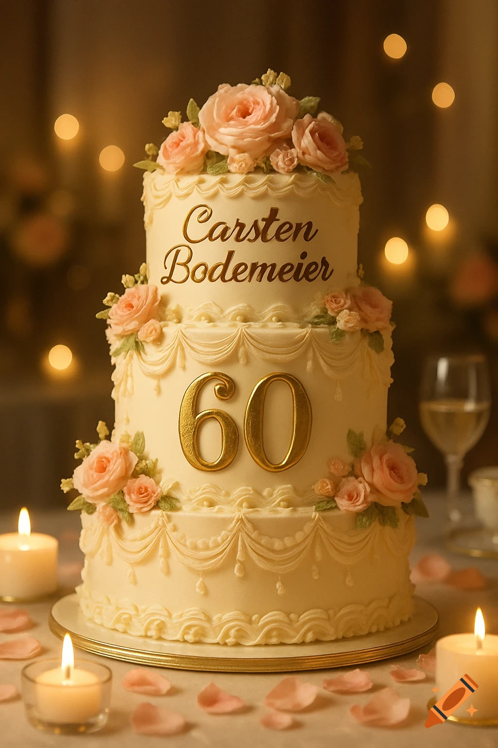 A beautifully decorated three-tier birthday cake with pink roses, the name 'Carsten Bodemeier', and the number '60' in gold, surrounded by candles and rose petals.