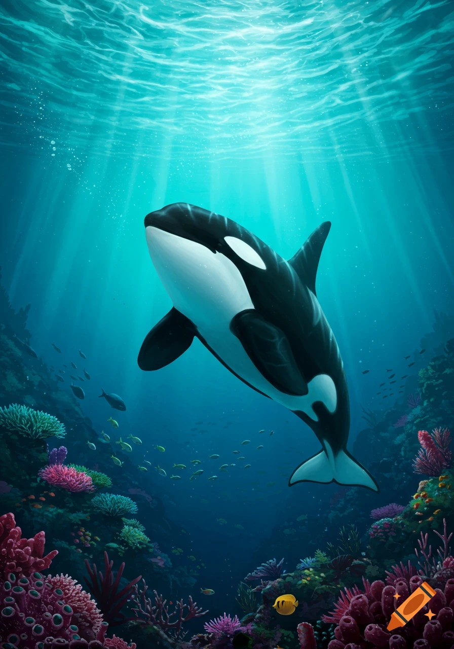 An orca swims in clear blue ocean water above a vibrant coral reef filled with small fish.