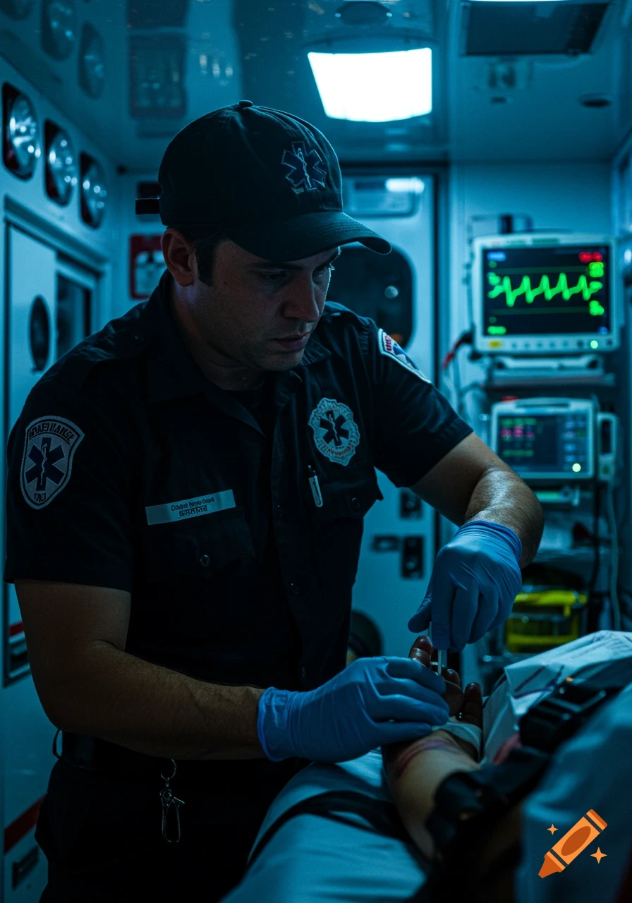 A male paramedic in a blue uniform and gloves is focused on starting an IV on a patient's arm inside an ambulance, with a medical monitor visible in the background.