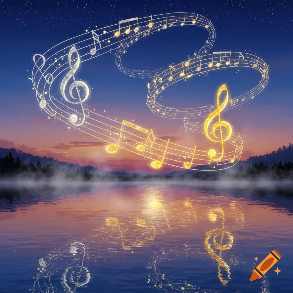 Silver and gold musical notes and clefs float above a reflective lake and misty mountains at dusk, under a starry sky.