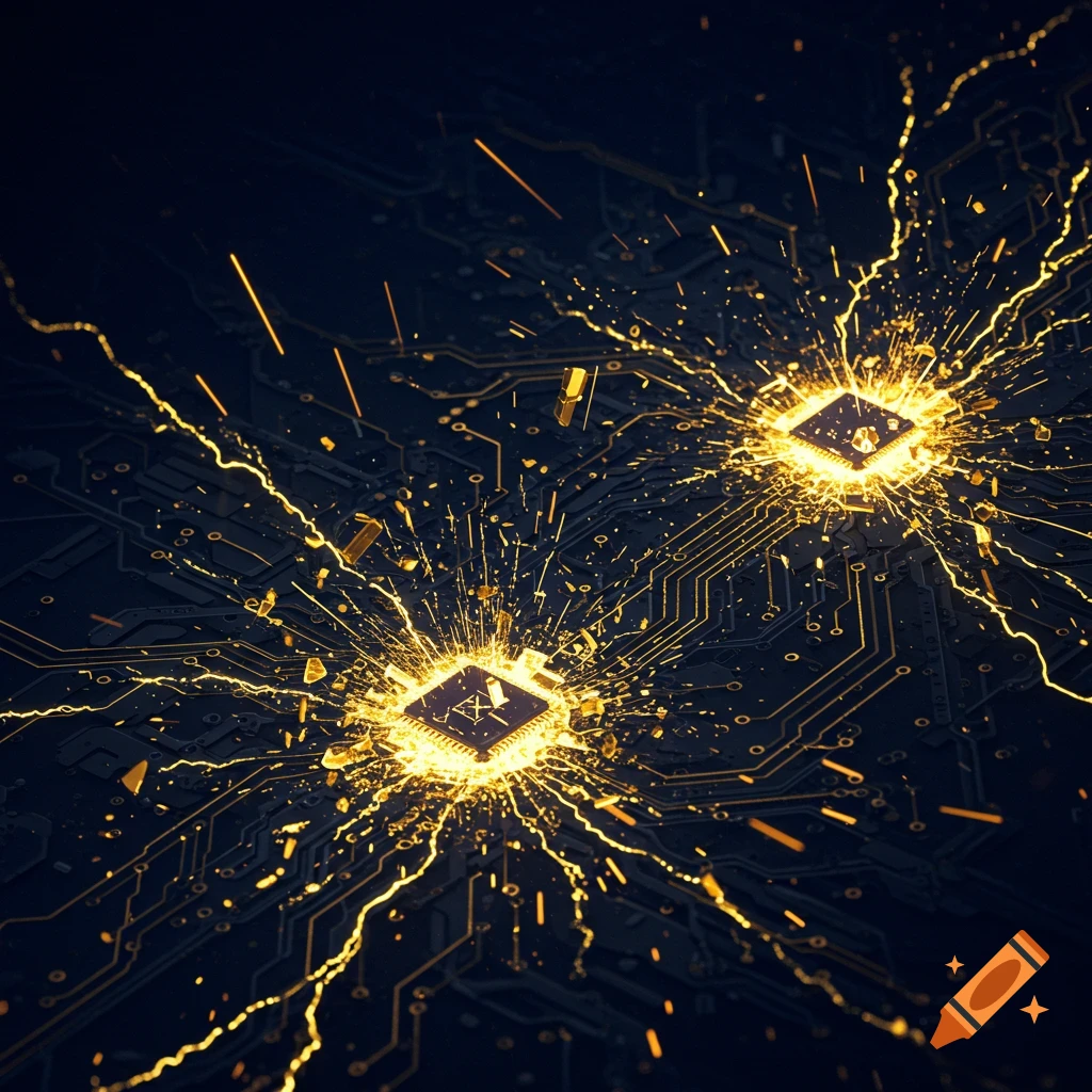 Abstract digital art of two glowing computer chips on a dark circuit board, emitting golden electrical sparks.