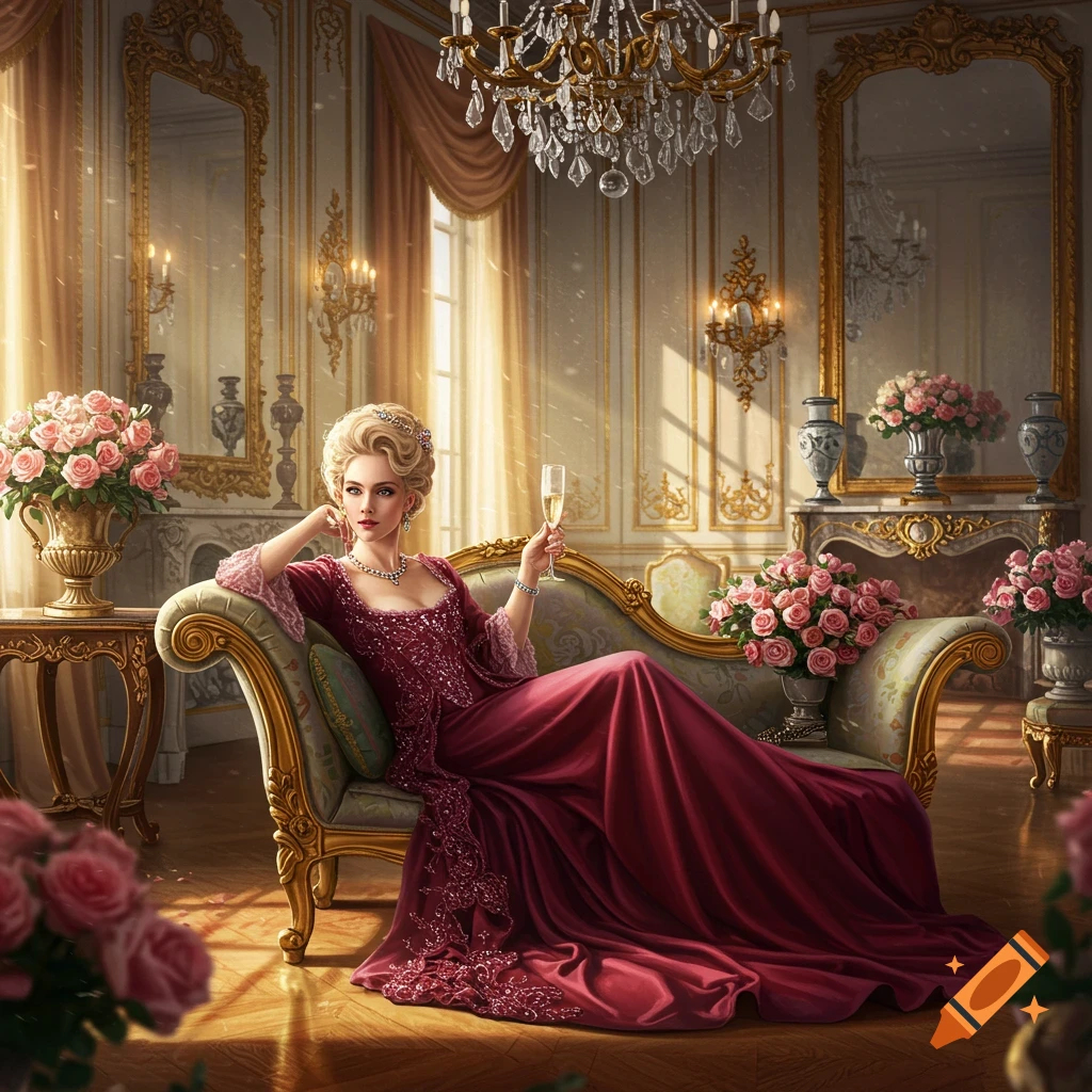 A wealthy lady in a maroon gown reclines on a golden chaise lounge in an ornate, sunlit Baroque room, holding a champagne glass.