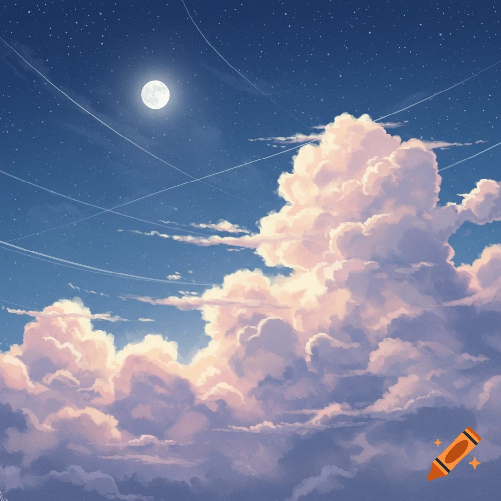 Full moon in a starry night sky with large, fluffy pink and white clouds and contrails, in an anime art style.