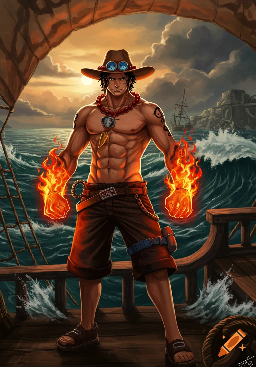 Muscular Portgas D. Ace, shirtless in a cowboy hat, stands on a pirate ship at sunset with flaming fists.
