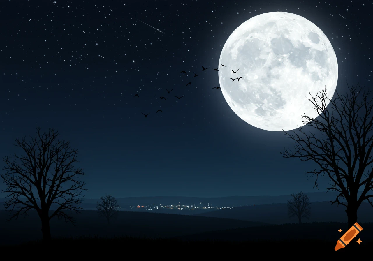 A dark night landscape with a giant full moon, silhouetted bare trees, flying birds, and a distant glowing city.
