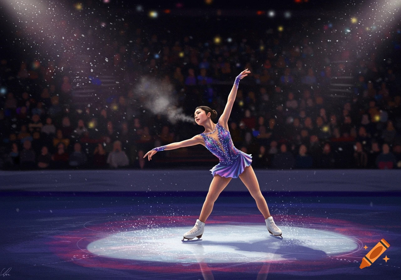 Illustration of a female figure skater in a sparkling purple costume performing on an ice rink under a spotlight.