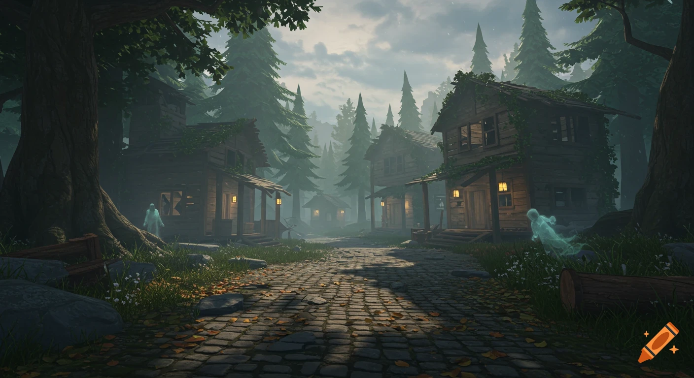 A misty, eerie village with rustic wooden cabins and tall evergreen trees, a cobblestone path, and two translucent ghost figures, in a stylized game art style.