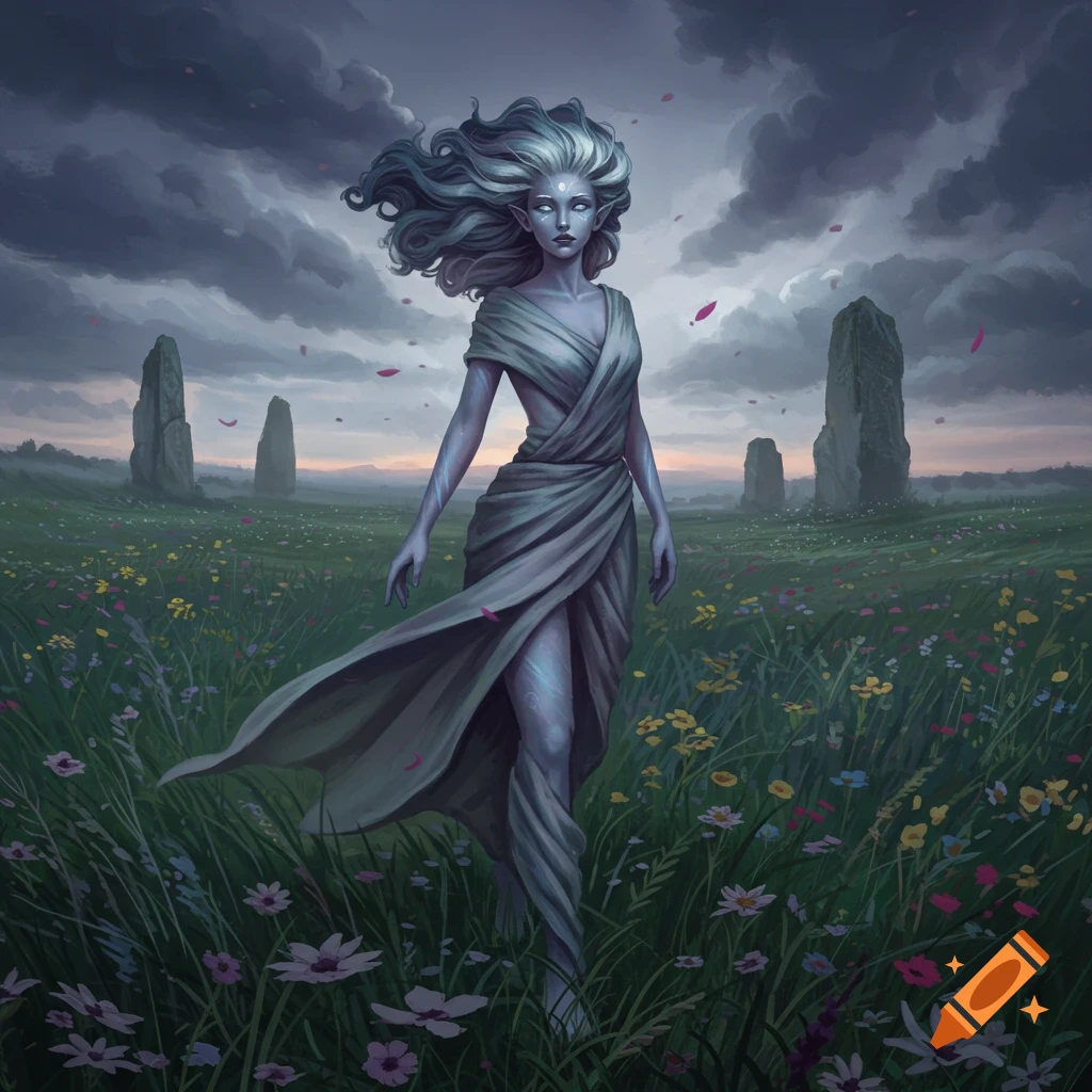 Ethereal female figure with flowing grey hair and glowing eyes, in a draped gown, stands in a wildflower field with ancient stones under a cloudy sky.