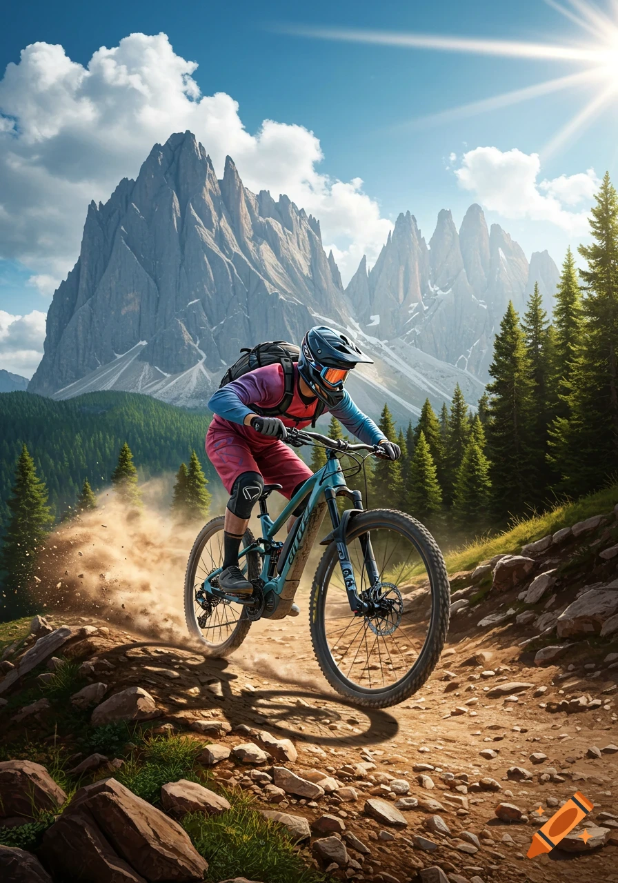A person on an e-mountain bike kicks up dust while riding downhill on a rocky trail with majestic mountains and pine trees in the background.