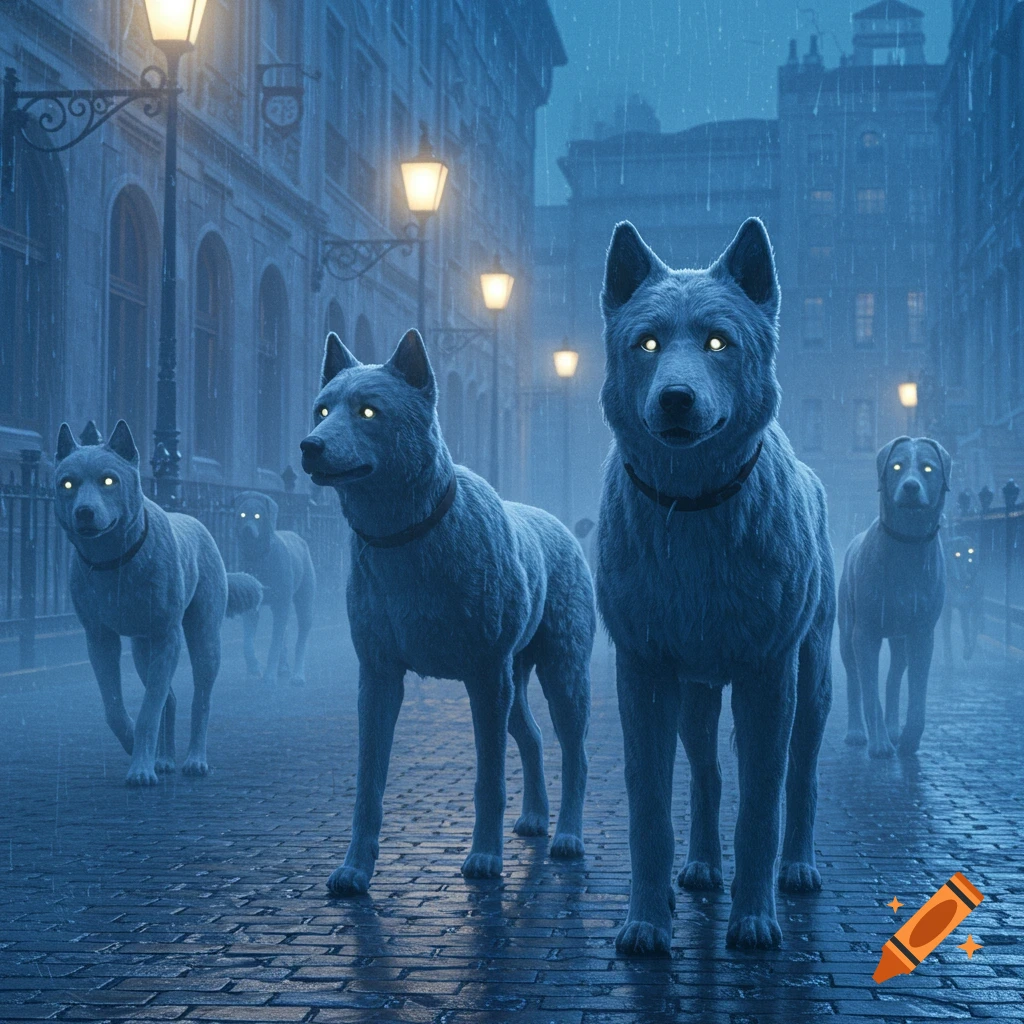 Several wolf-like dogs with glowing yellow eyes stand on a wet, rainy cobblestone city street at night, illuminated by streetlights.
