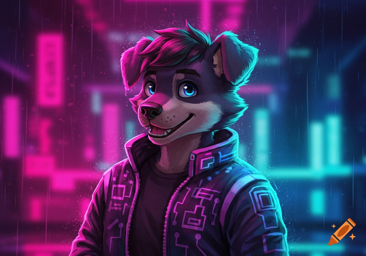 A smiling anthropomorphic dog with blue eyes and pink hair wears a futuristic jacket with glowing circuit patterns, against a neon pink and blue city background.