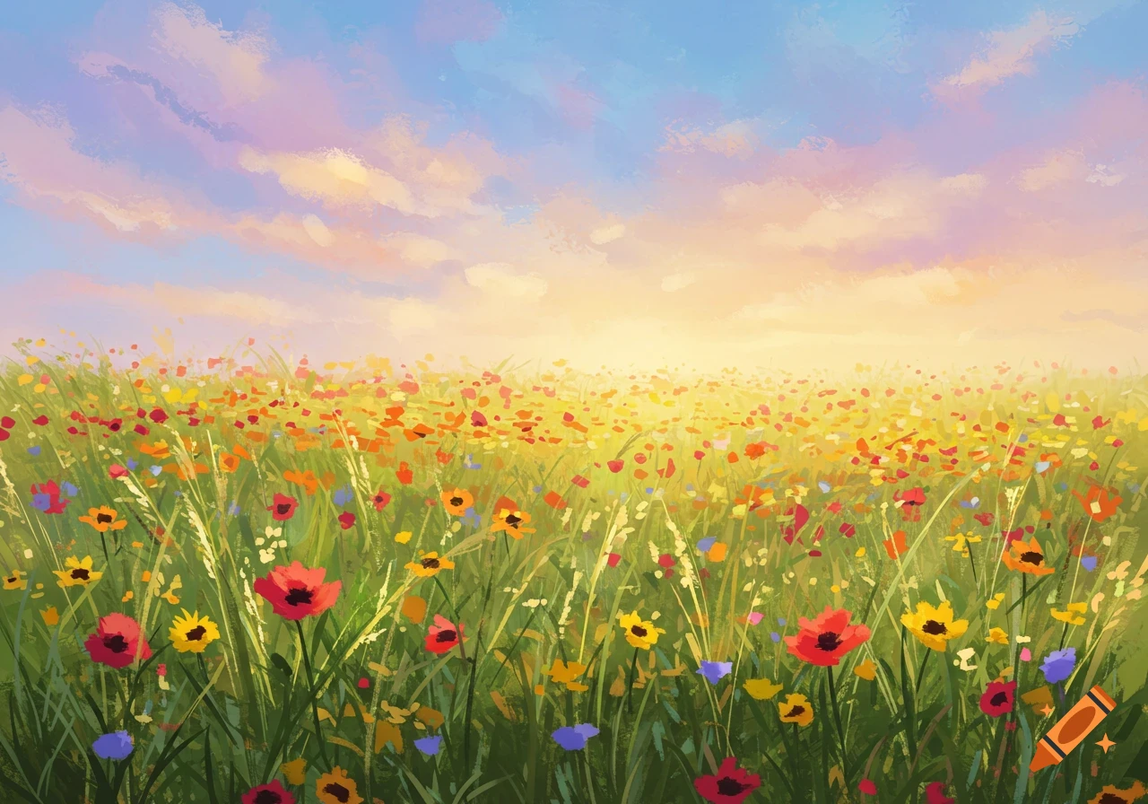 A vibrant field of colorful wildflowers under a sky with sunset hues, rendered in a painterly style.
