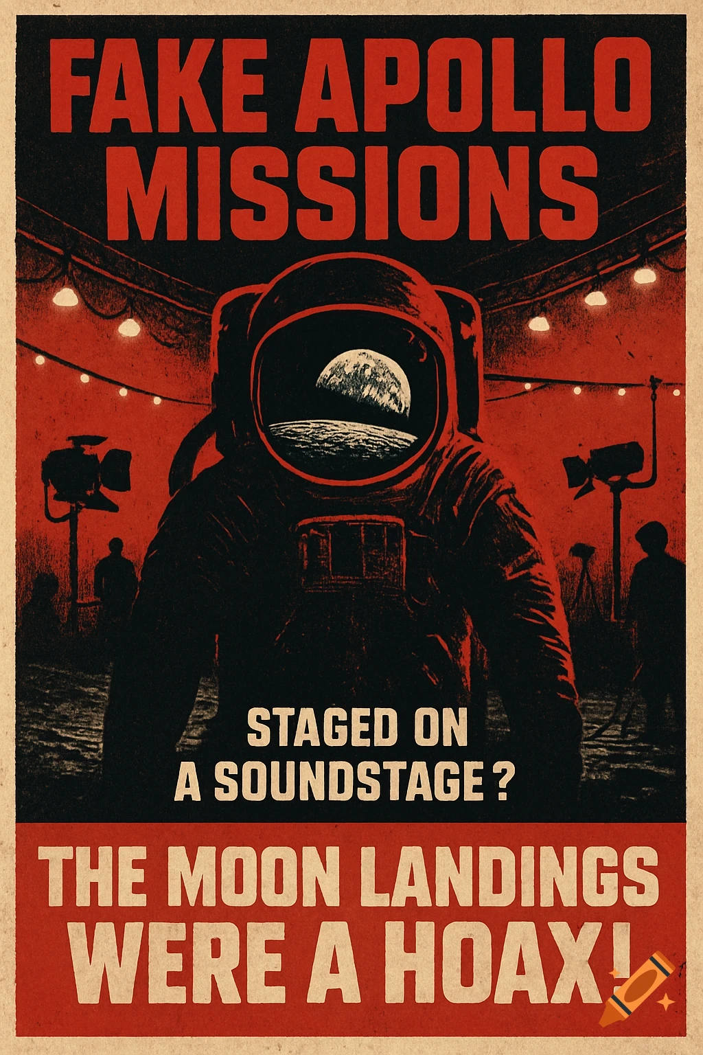 Retro propaganda poster featuring an astronaut silhouette, a moon reflecting in the helmet, and text about fake Apollo missions.