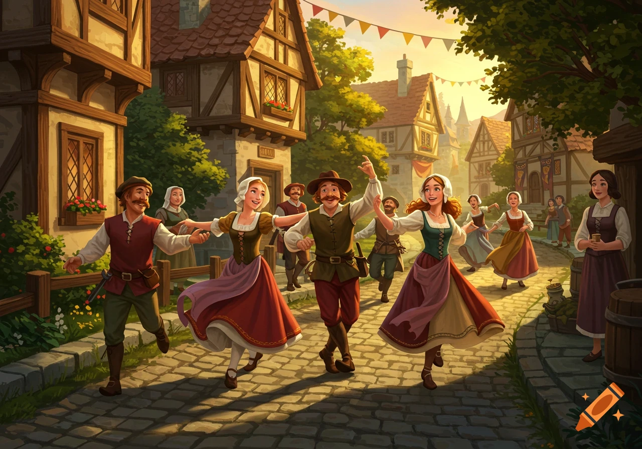 Cartoon renaissance peasants dancing joyfully on a cobblestone street in a lively village setting.