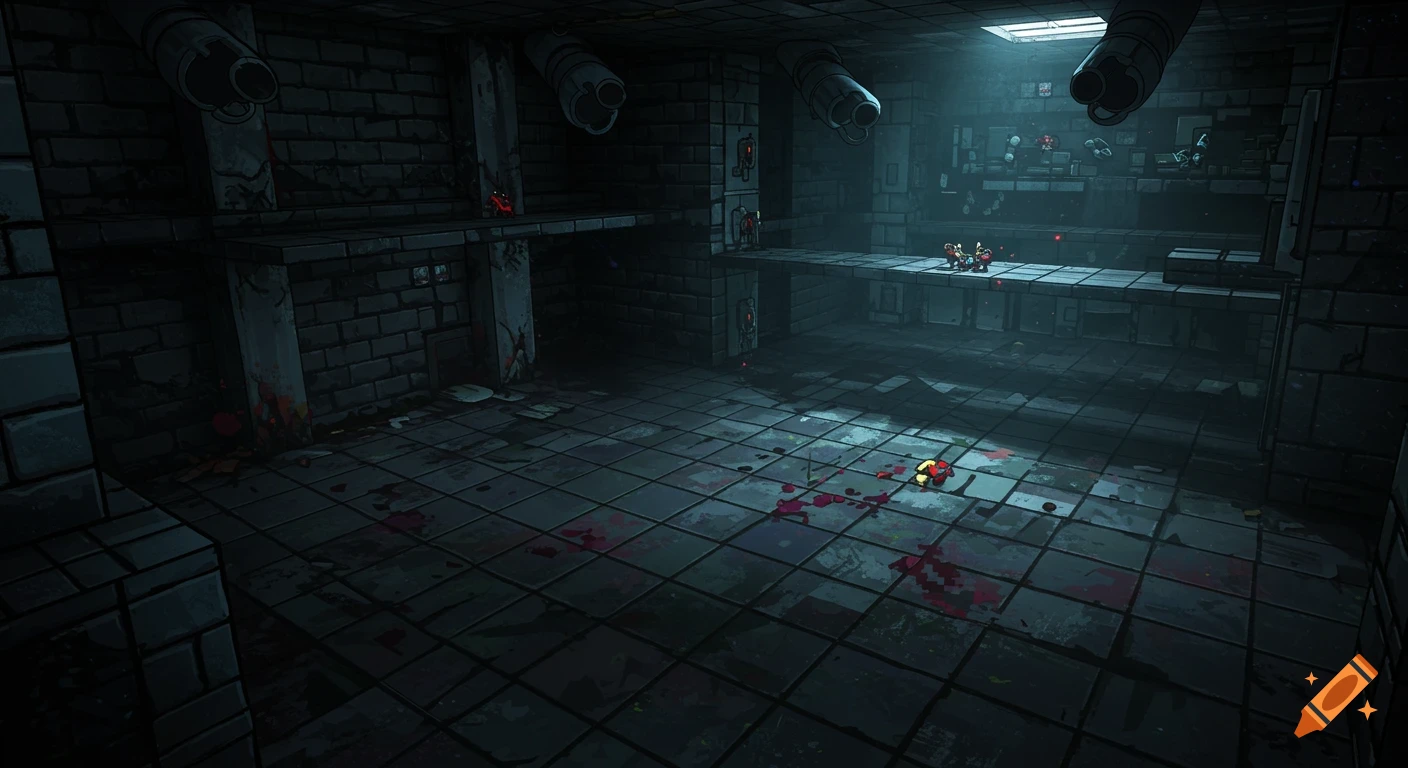 A dark, pixel-art style dungeon room with tiled floors, brick walls, pipes, and small colorful character figures.