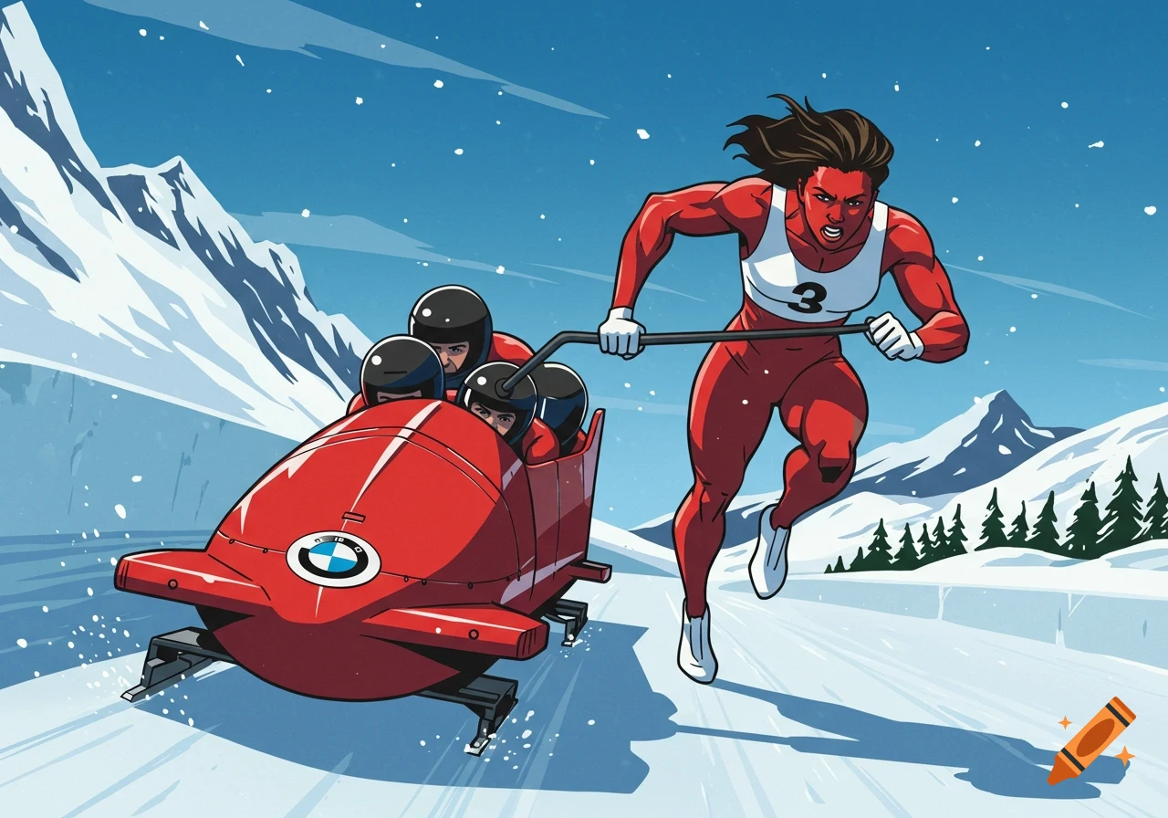 Graphic art of a muscular woman in a red suit pushing a red bobsled with three men down a snowy mountain track.