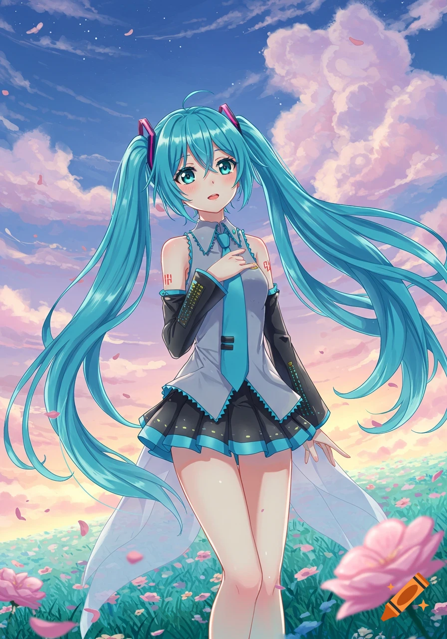 Hatsune Miku, an anime girl with long blue twin tails, standing in a vibrant flowery field under a pastel sky.