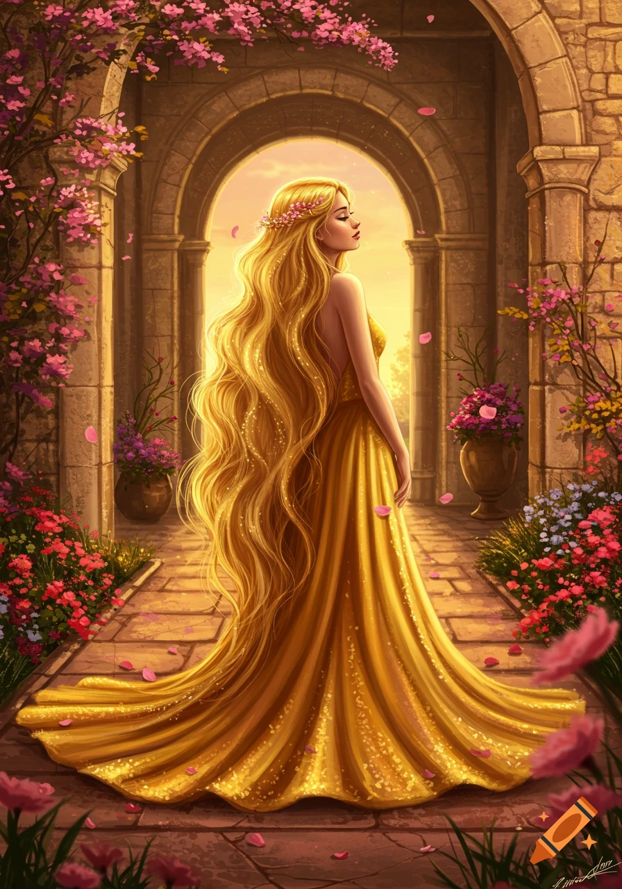 A blonde woman with extremely long, flowing golden hair that forms her dress, standing in a stone archway adorned with pink flowers at sunset.