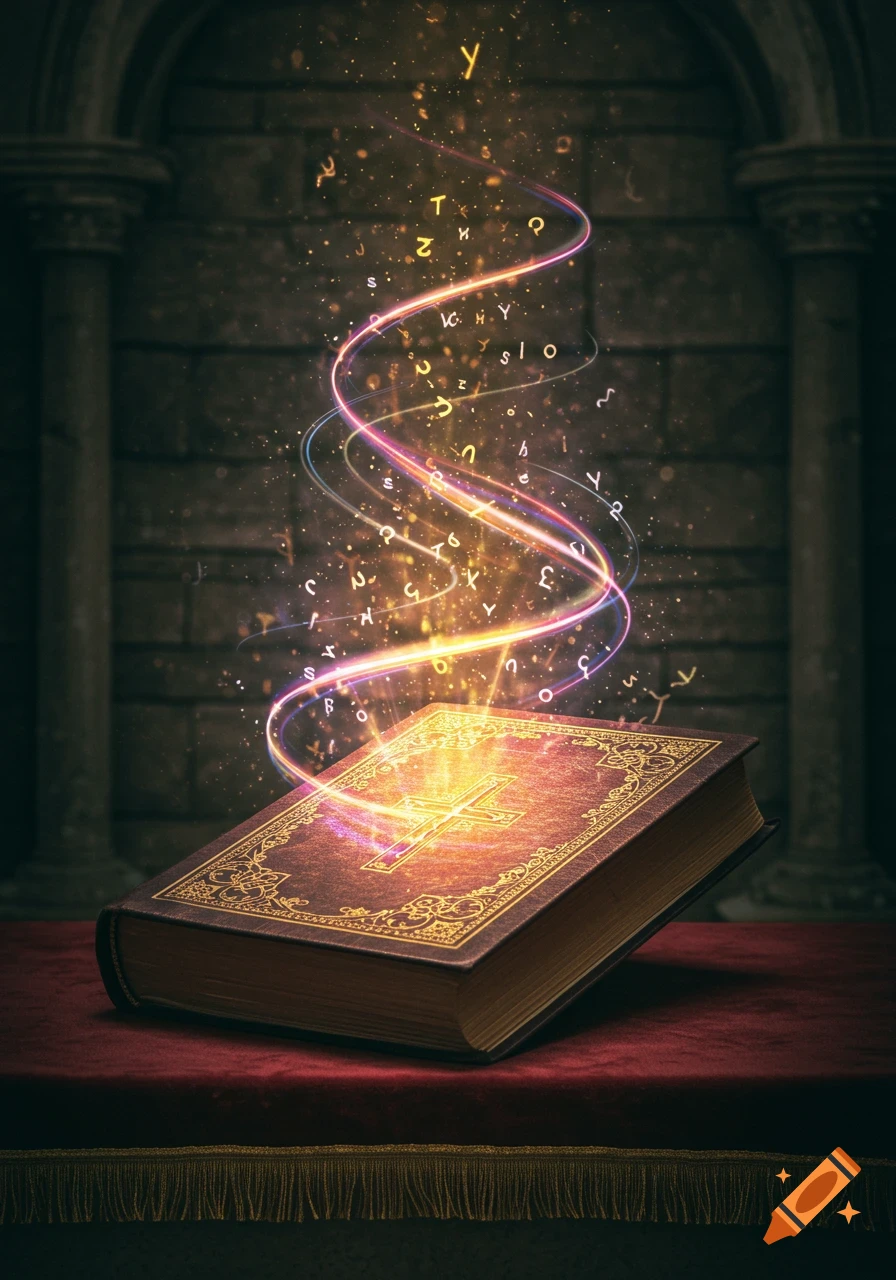 A glowing, magical book, possibly a Bible, with ornate covers, lies on a red velvet cloth. Golden letters and vibrant light trails swirl upwards from it in a dark, arched stone setting.