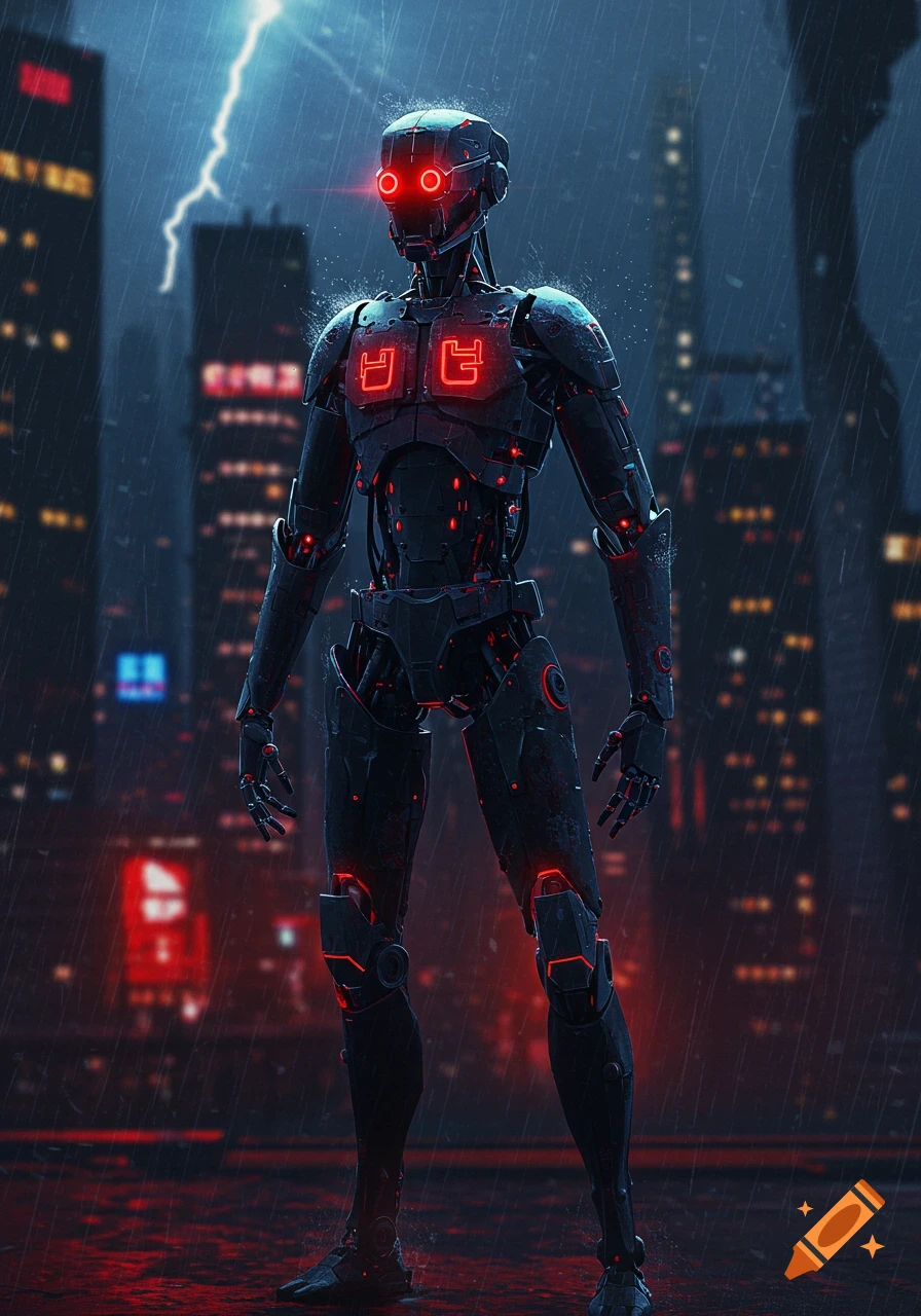 A dark metallic robot with glowing red eyes and symbols on its chest stands in a rainy, futuristic cityscape with a lightning bolt in the sky.