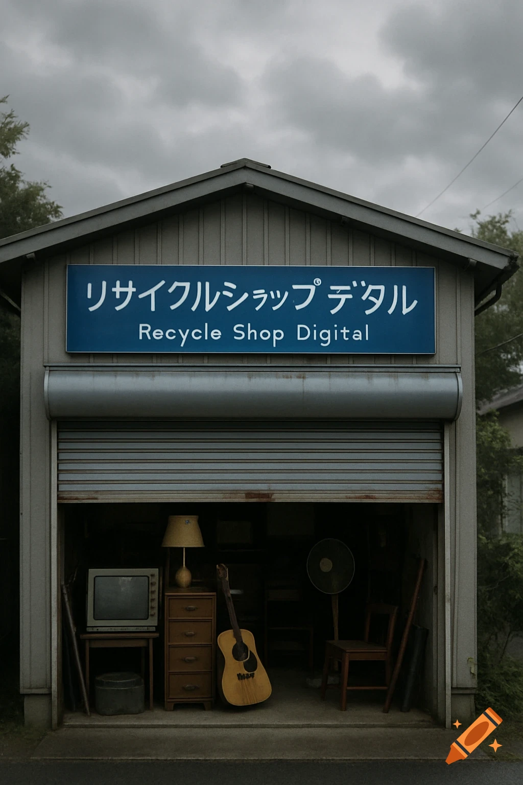 A photorealistic image of a garage with a half-open shutter and a blue 'Recycle Shop Digital' sign above, containing vintage items under a cloudy sky.