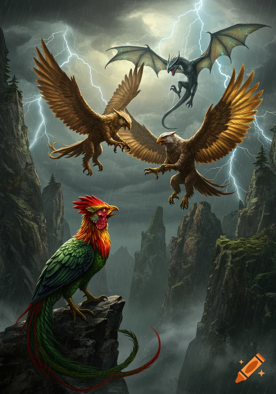 Two griffins and a wyvern battle in a stormy sky with lightning, while a colorful cockatrice watches from a rocky peak.