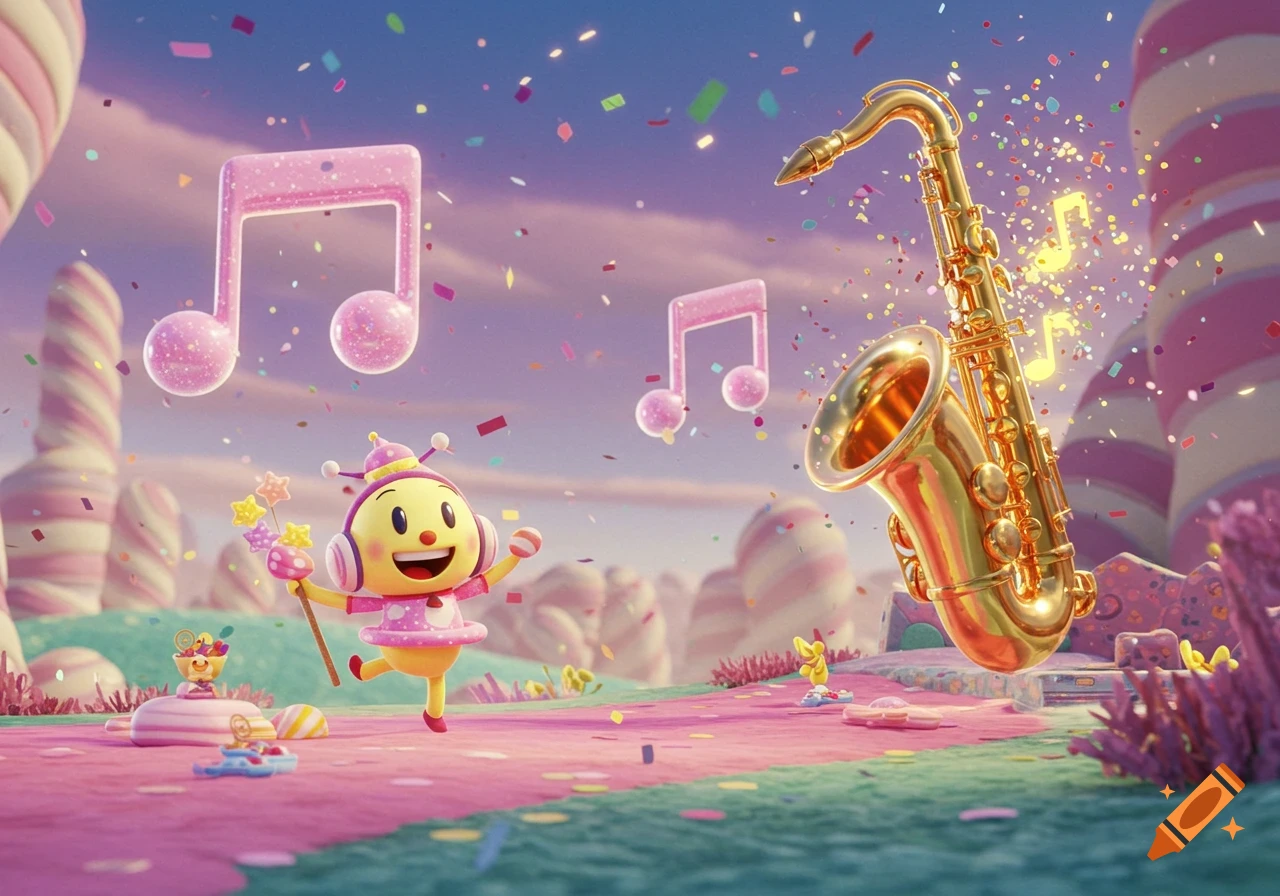 A cheerful cartoon character in a pink dress dances in a whimsical candy land with a golden saxophone and floating musical notes.