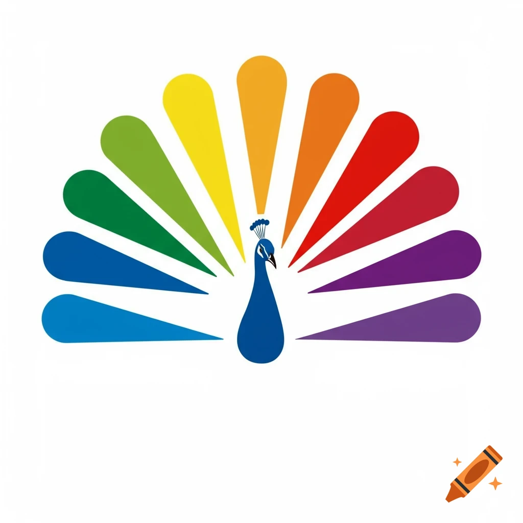 A stylized blue peacock logo with a fanned tail made of rainbow-colored feather shapes on a white background.