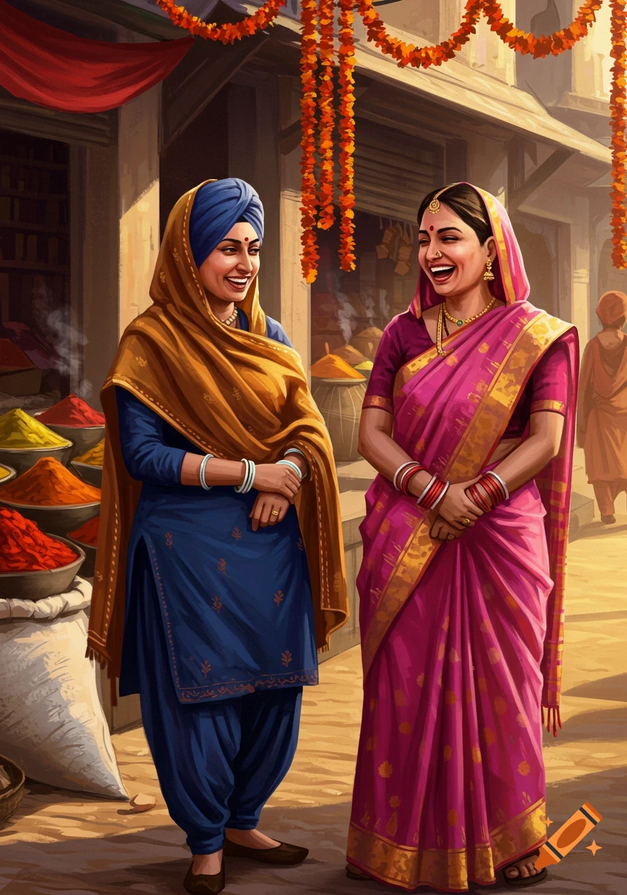 Two smiling Indian women in traditional attire talking in a vibrant market with colorful spices and hanging garlands, illustration.