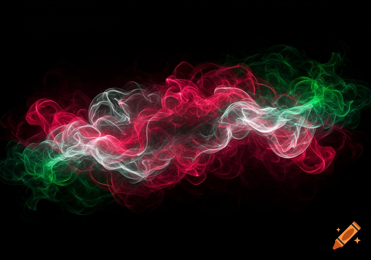 Abstract glowing red, white, and green smoke-like tendrils swirl horizontally against a black background.