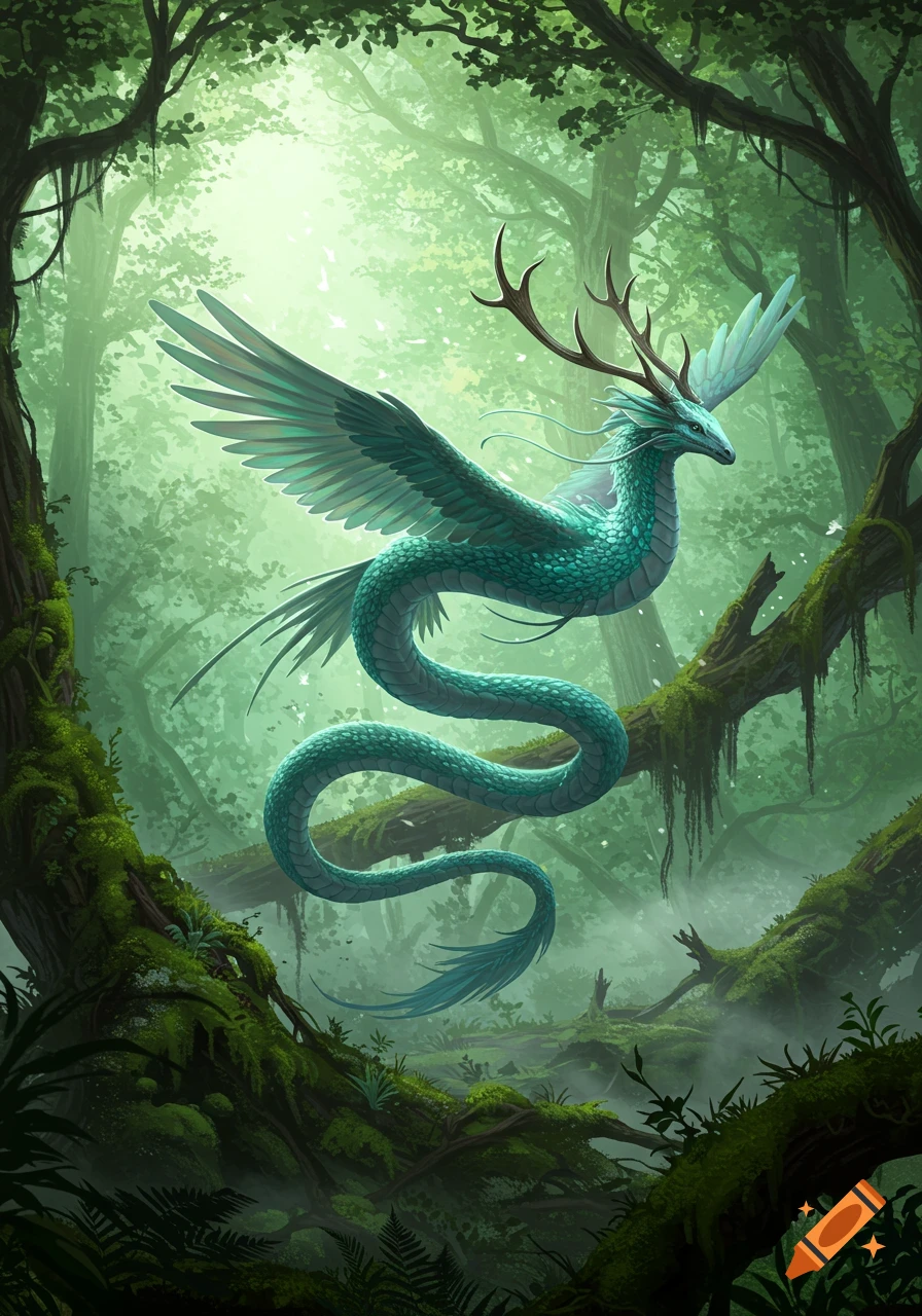 A teal winged serpentine creature with deer antlers floats in a lush, mystical green forest with light filtering through the canopy.