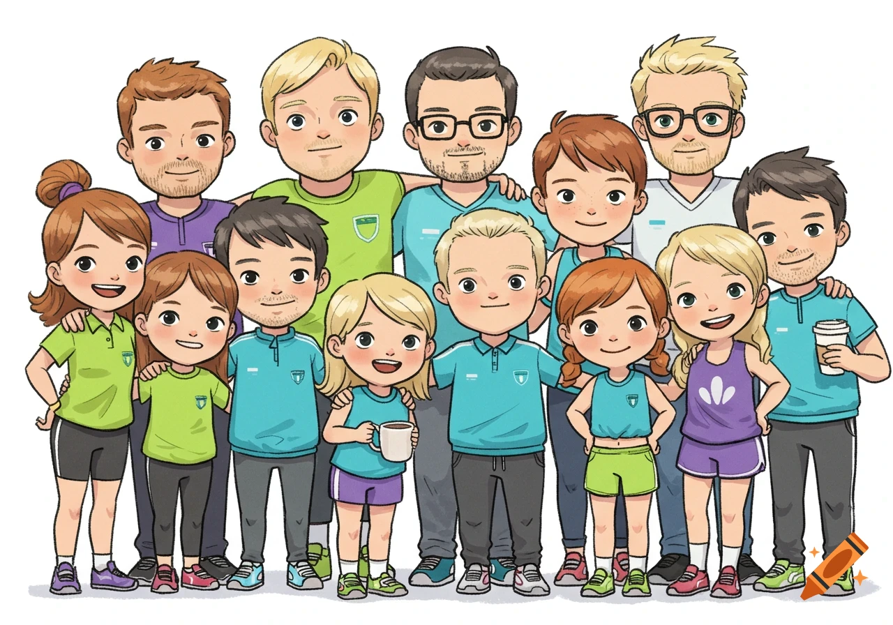 A colorful 2D cartoon illustration of a cheerful group of light-skinned adults and children in chibi style, smiling and standing together.