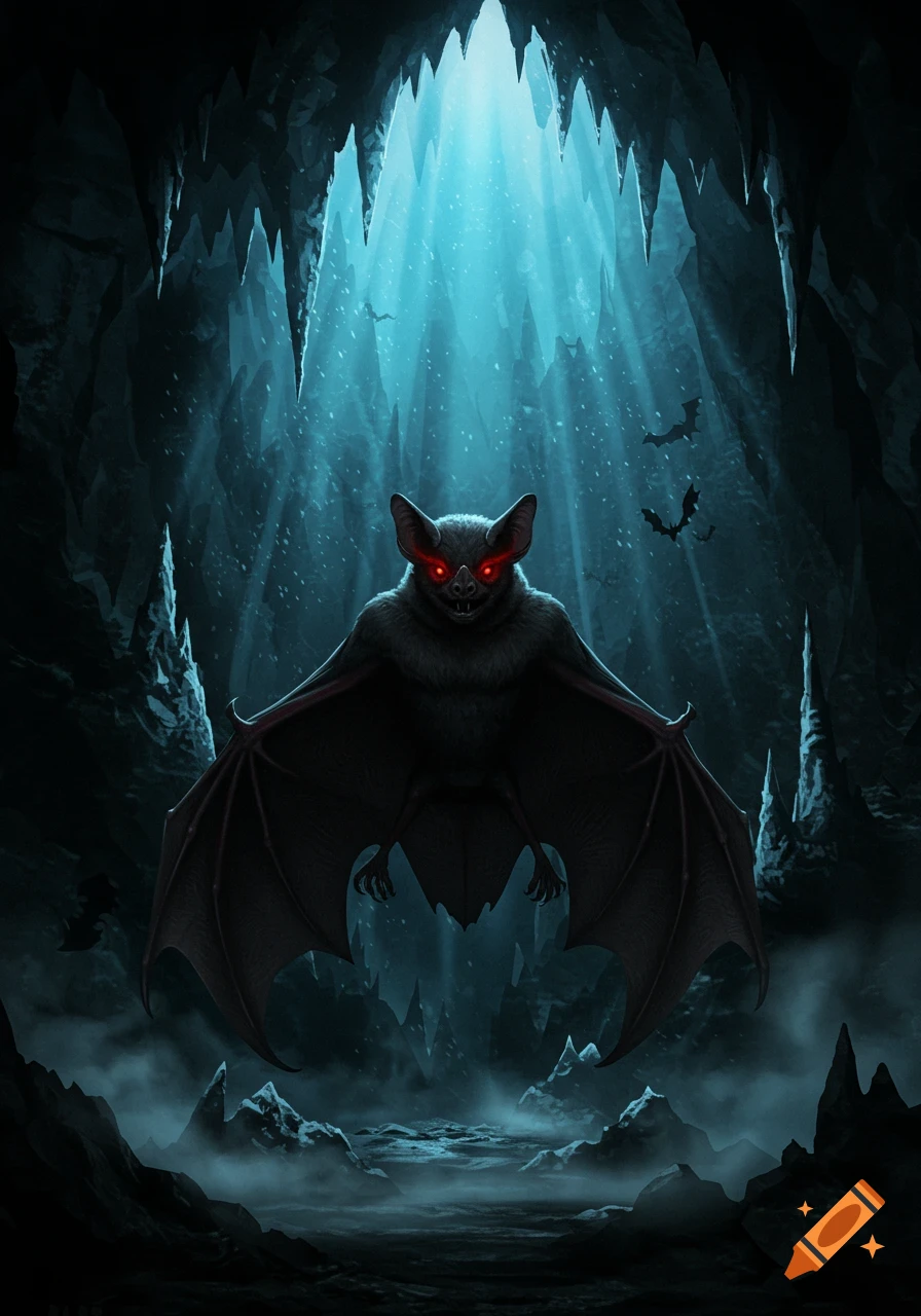 A dark, scary bat with glowing red eyes and fangs perches in a misty, illuminated cave with stalactites and stalagmites. Dark fantasy art style.
