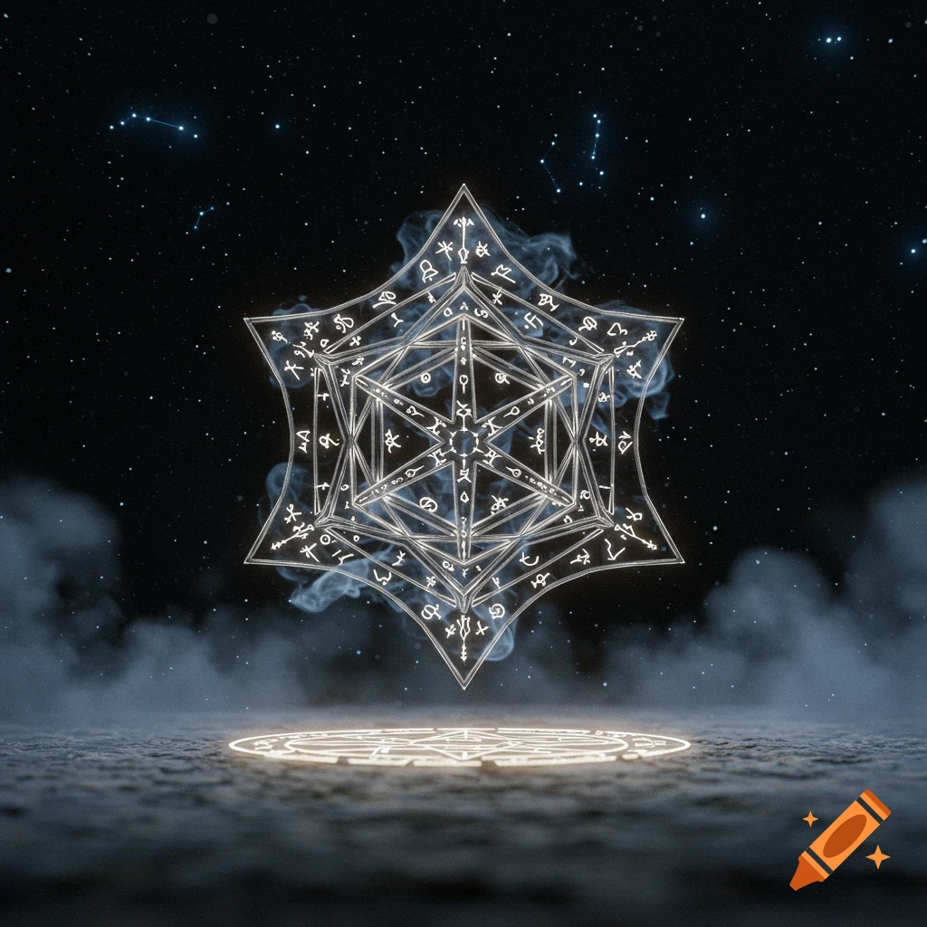 A glowing geometric sigil with arcane symbols floats above a glowing circle on a smoky ground, under a starry night sky.