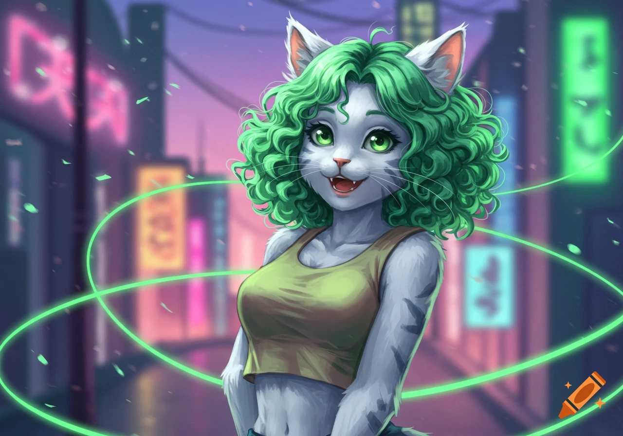 A cute anime catgirl with white fur, curly green hair, and green eyes, smiling in a crop top against a blurry neon city background with glowing green lines.