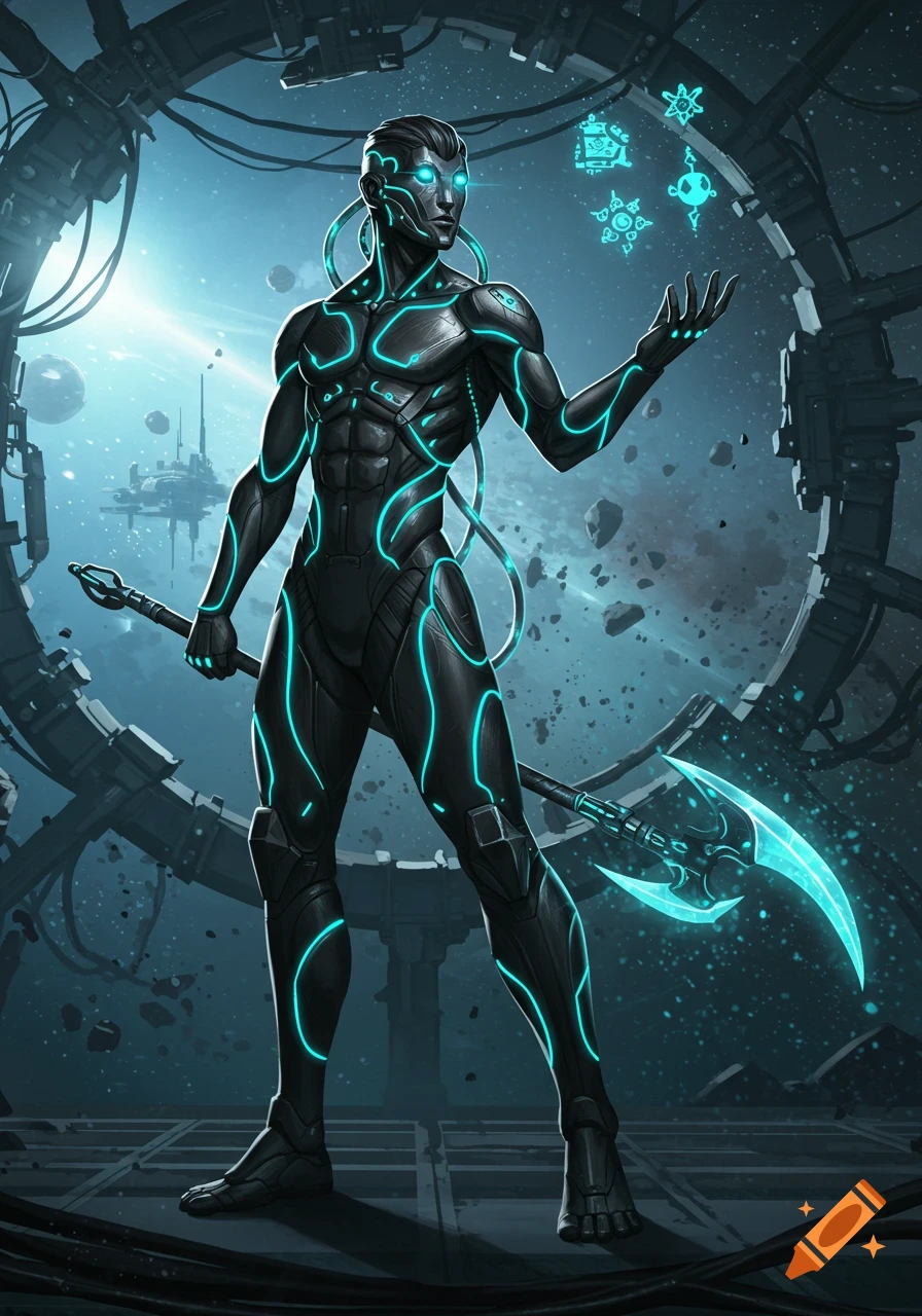 Futuristic character in a black suit with glowing blue lines, holding a luminous axe, against a cosmic background. Digital art.